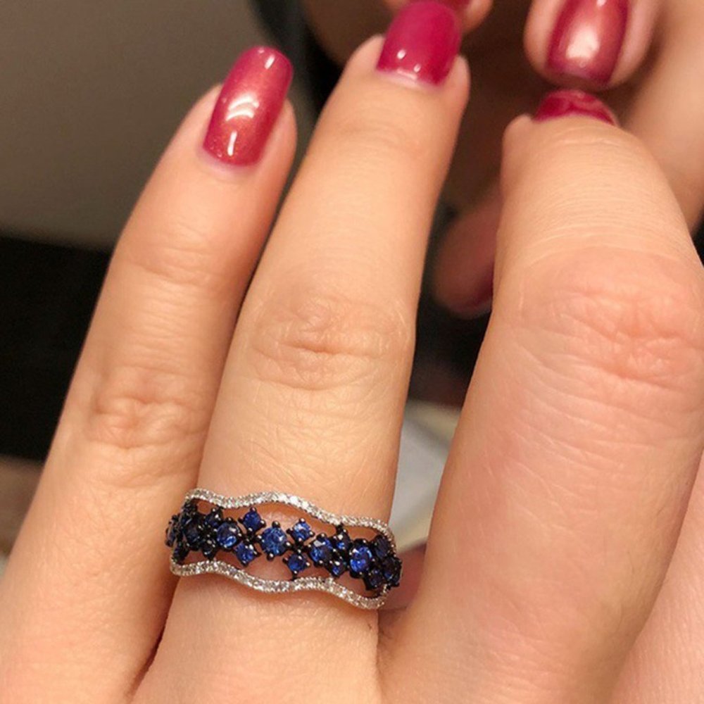 Royal Blue Eternity Flower Carving Silver Vintage Rings for Women,EVGG1145 - Picture 4 of 4